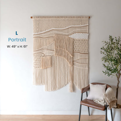 Large portrait ASAH macrame wall hanging, 49 inches wide by 61 inches tall, featuring an elegant vertical design, ideal for creating a statement in tall spaces