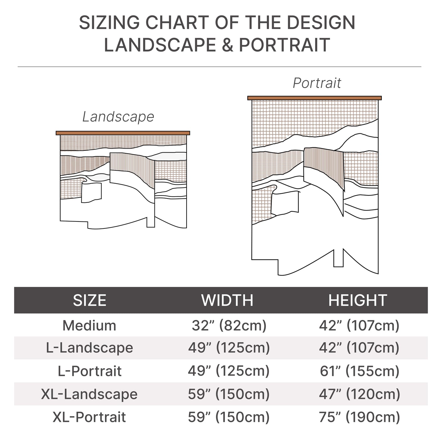 ASAH macrame wall hanging shown in various sizes, highlighting the five different dimensions available for different room types