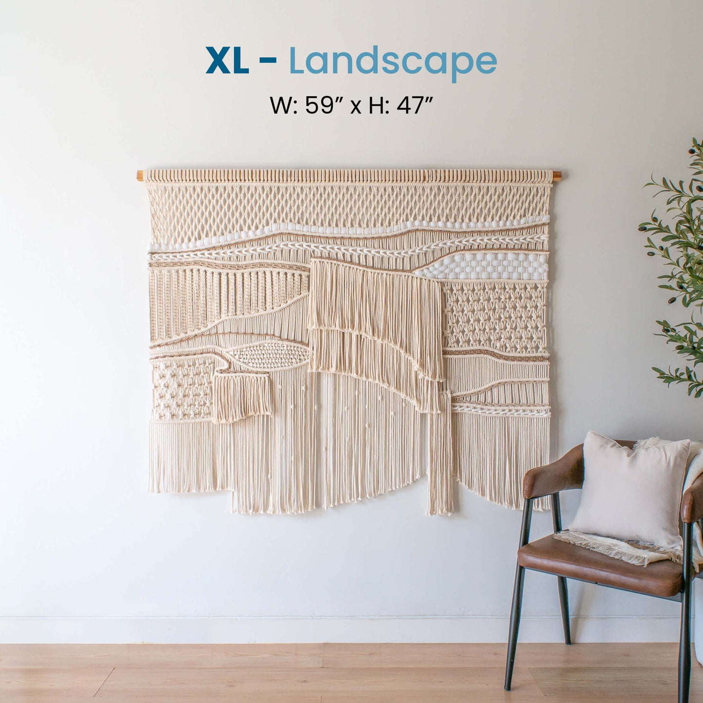 Extra-large landscape ASAH macrame wall hanging, 59 inches wide by 47 inches tall, bringing soft texture and a natural, serene feel to any wide wall space