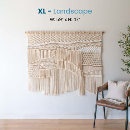 Extra-large landscape ASAH macrame wall hanging, 59 inches wide by 47 inches tall, bringing soft texture and a natural, serene feel to any wide wall space